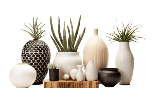 elegant decorative vases and planters with succulents and other plants on transparent background interior accessories cut out home decor front view ai generated png
